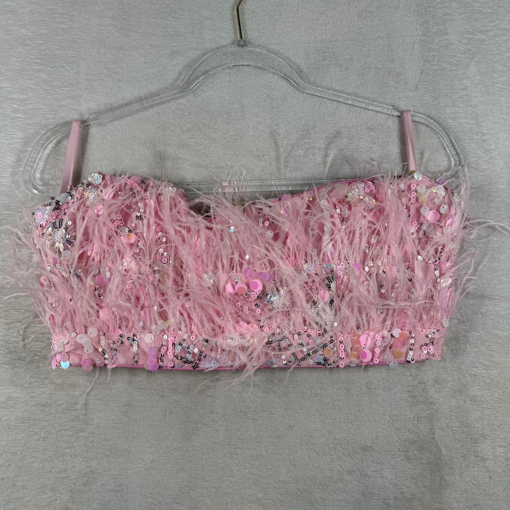 Eliya The Label Heather Crop Top Pink Sequin Feather Trim Size L 22LE306 NEW